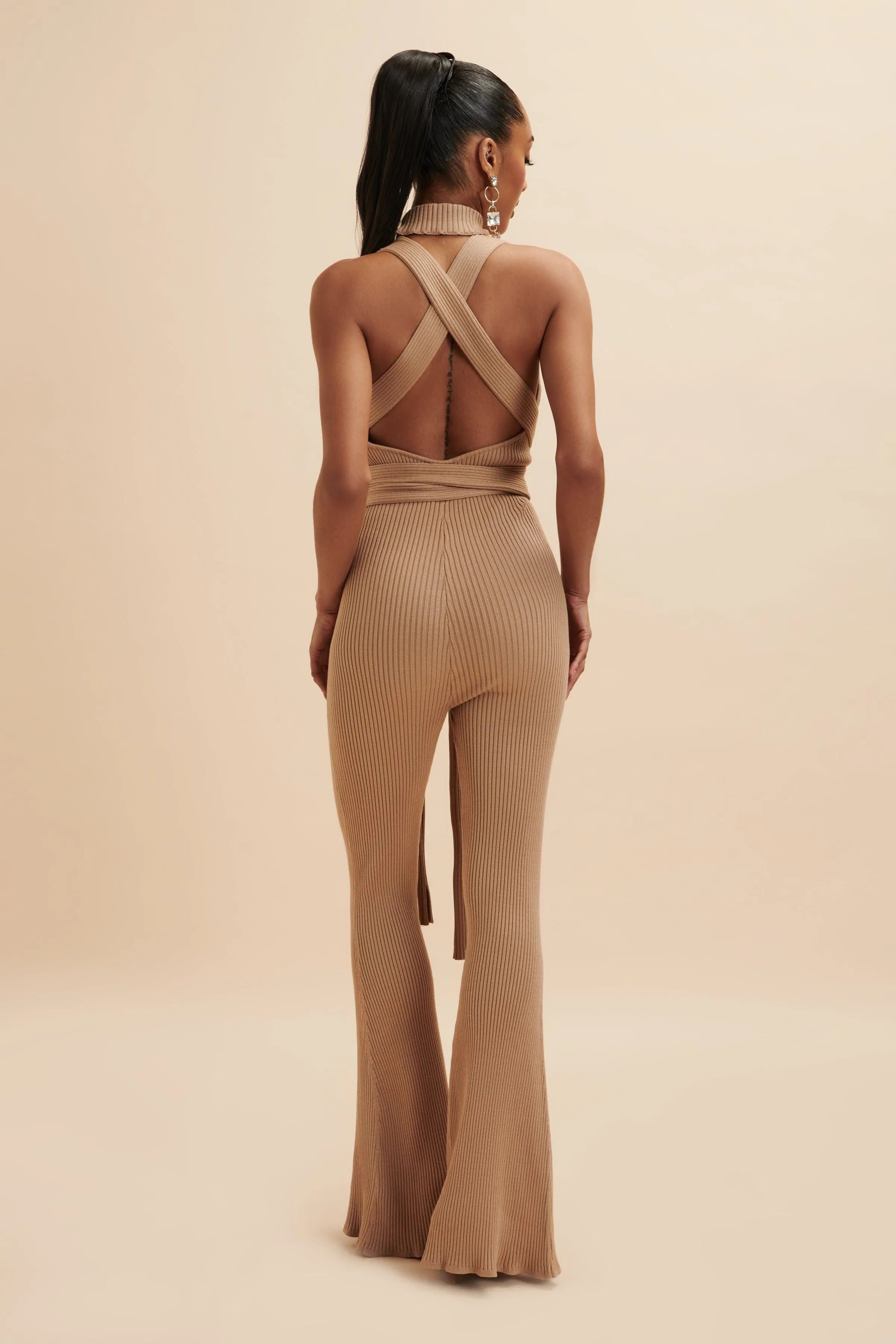 TAMARA Knitted Ribbed Open Back Jumpsuit In Camel