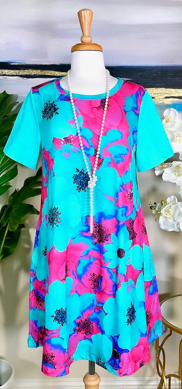 Turquoise & Pink Floral Dress with pockets