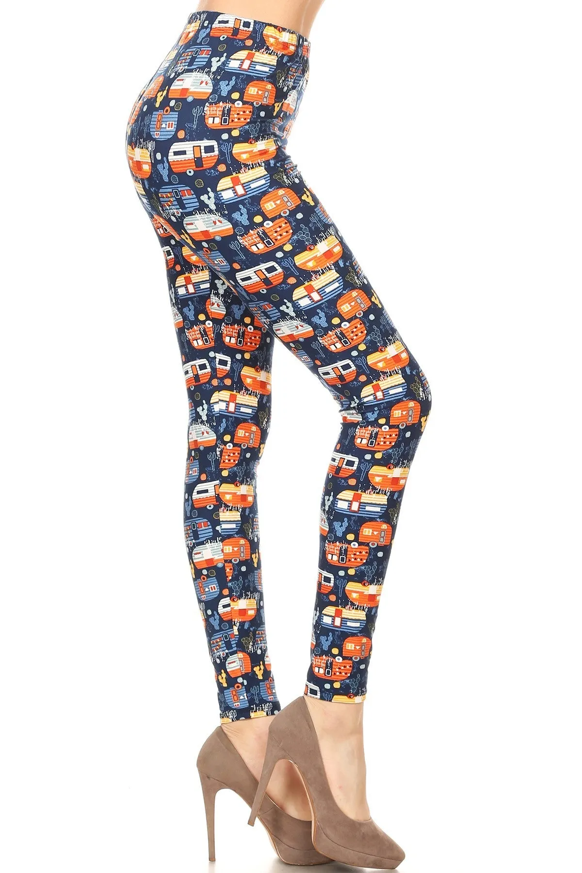 Women's 3 X 5X Campervan RV Pattern Printed Leggings - One Size / Orange