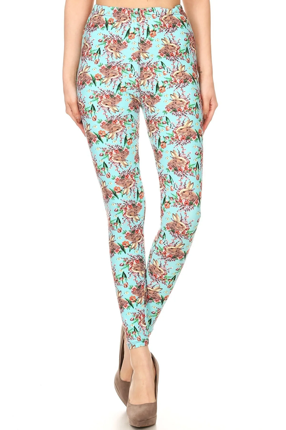 Women's Plus Easter Garden Rabbits Pattern Printed Leggings