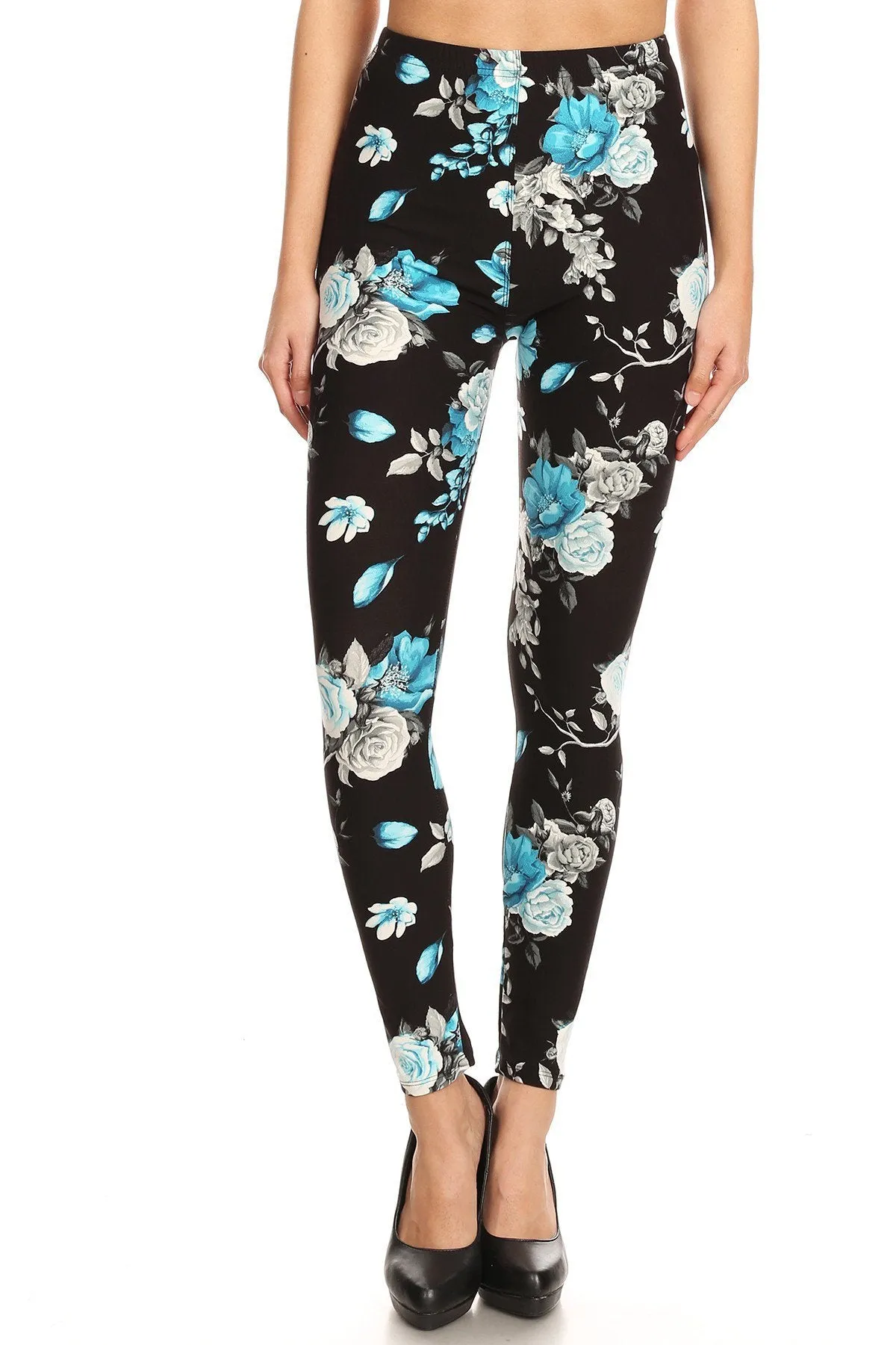 Women's Regular Blue Flower and Bird Pattern Printed Leggings