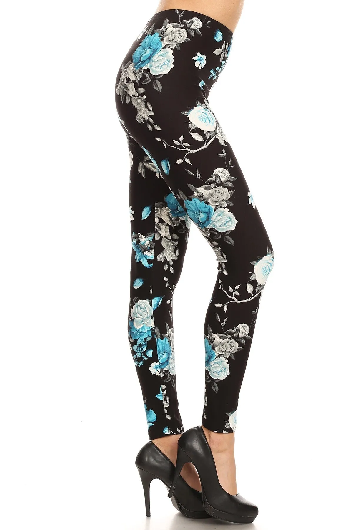 Women's Regular Blue Flower and Bird Pattern Printed Leggings