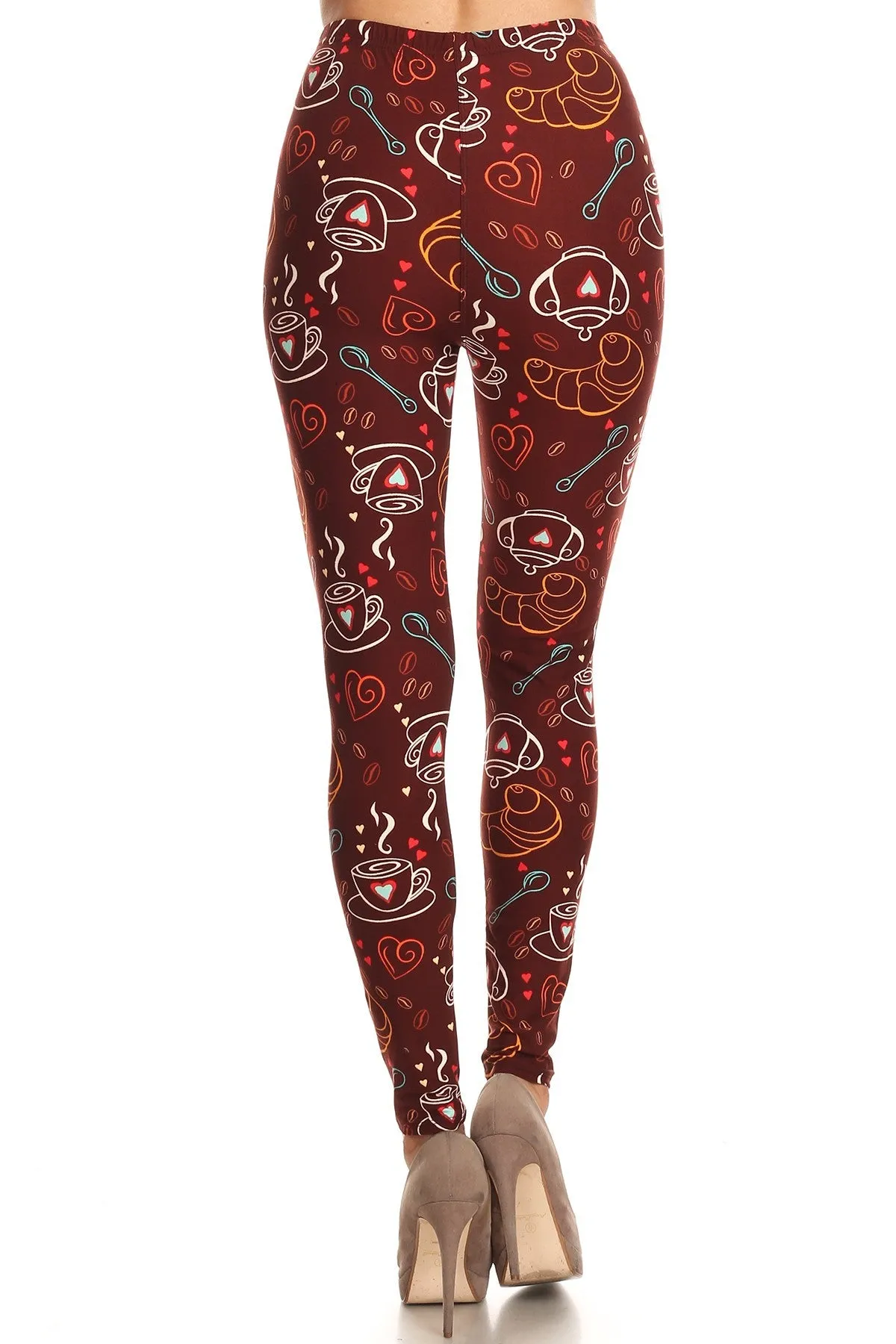 Women's Regular Coffee Tea Baguette Pattern Printed Leggings