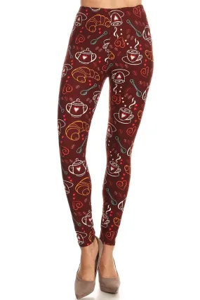 Women's Regular Coffee Tea Baguette Pattern Printed Leggings