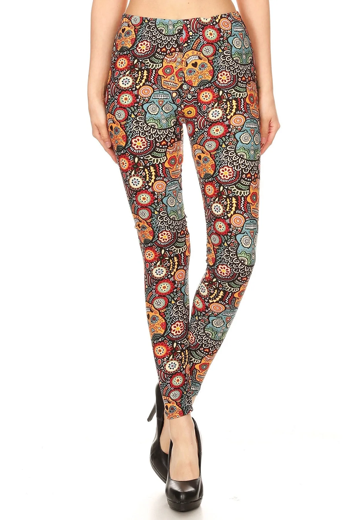 Women's Regular Ornate Sugar Skull Pattern Printed Leggings