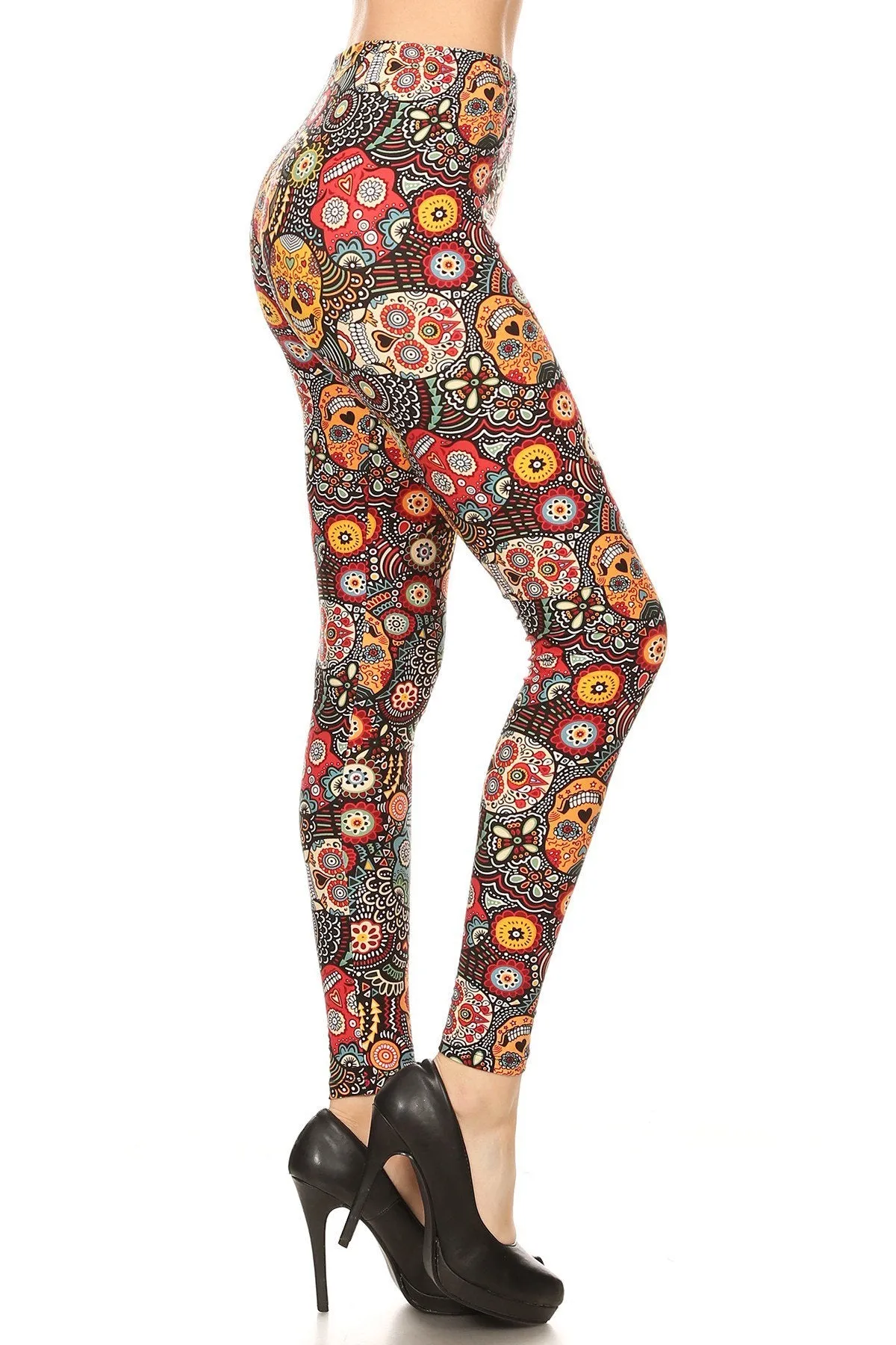 Women's Regular Ornate Sugar Skull Pattern Printed Leggings