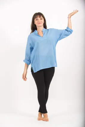 Womens Yoga Shirts Nehru Collared in Blue